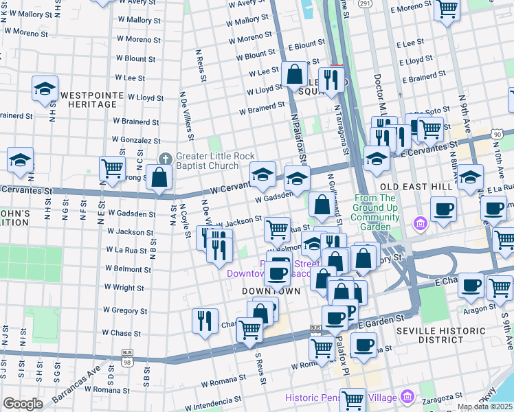 map of restaurants, bars, coffee shops, grocery stores, and more near 202 West Gadsden Street in Pensacola