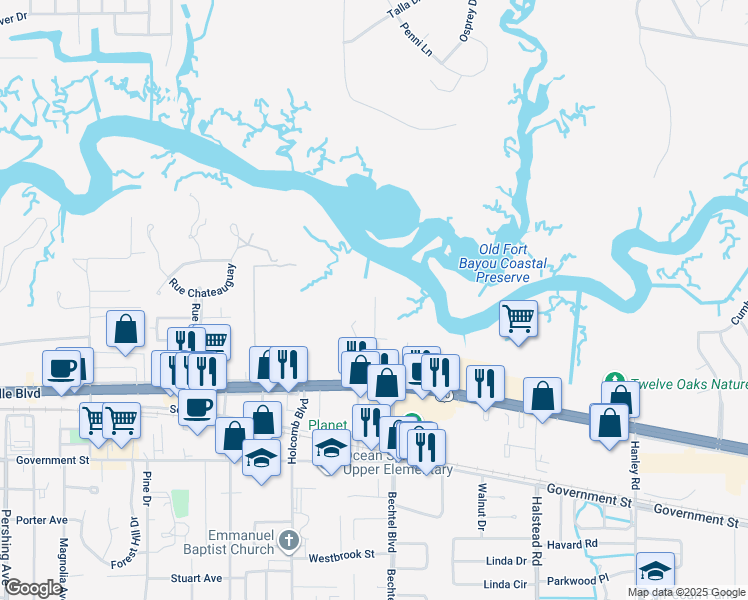 map of restaurants, bars, coffee shops, grocery stores, and more near 100-698 Camellia Pointe Boulevard in Ocean Springs