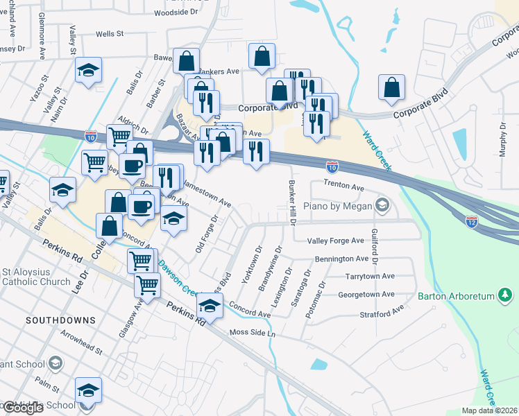 map of restaurants, bars, coffee shops, grocery stores, and more near 2414 Bunker Hill Drive in Baton Rouge