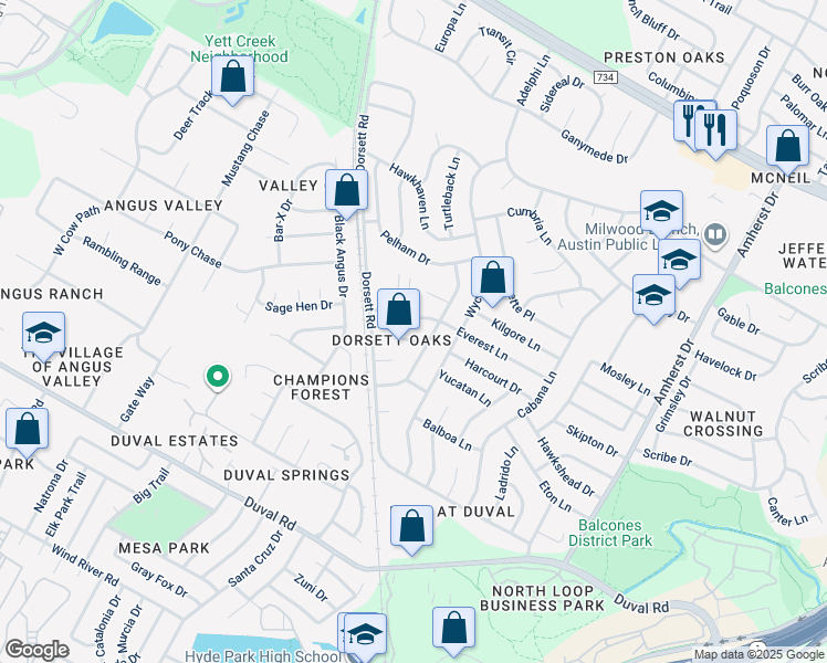 map of restaurants, bars, coffee shops, grocery stores, and more near 4512 Everest Lane in Austin