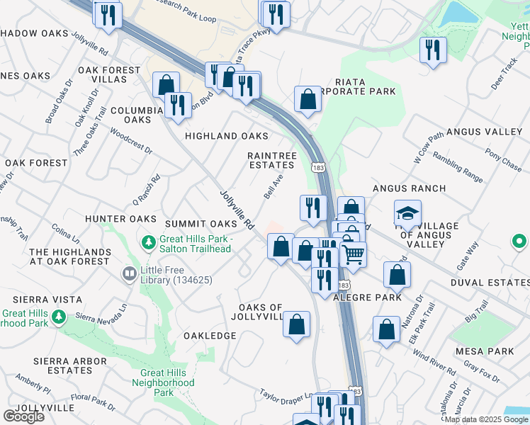map of restaurants, bars, coffee shops, grocery stores, and more near 11727 Bell Avenue in Austin