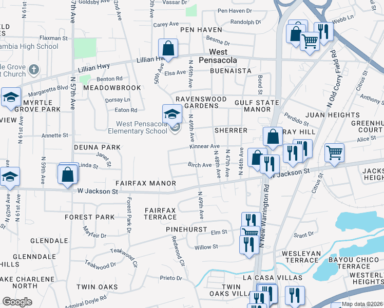 map of restaurants, bars, coffee shops, grocery stores, and more near 705 North 49th Avenue in Pensacola
