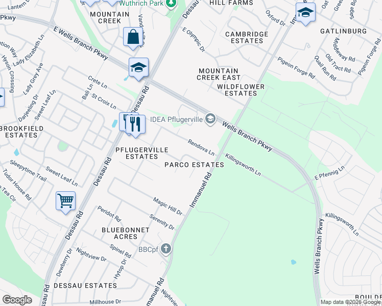 map of restaurants, bars, coffee shops, grocery stores, and more near 1805 Rendova Lane in Pflugerville
