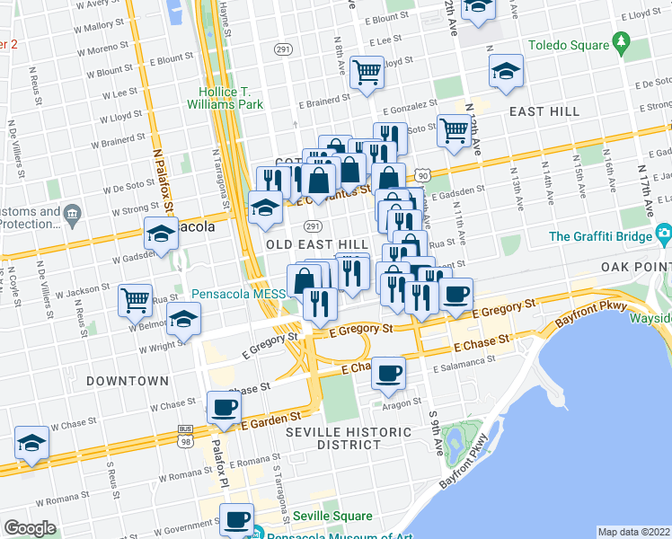 map of restaurants, bars, coffee shops, grocery stores, and more near 511 East La Rua Street in Pensacola