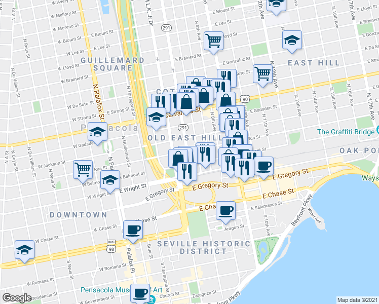 map of restaurants, bars, coffee shops, grocery stores, and more near 500 North Davis Highway in Pensacola
