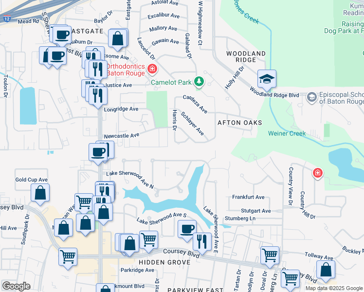 map of restaurants, bars, coffee shops, grocery stores, and more near 3730 Harris Drive in Baton Rouge