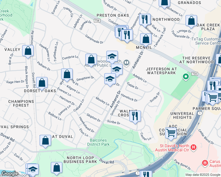 map of restaurants, bars, coffee shops, grocery stores, and more near 12207 Brigadoon Lane in Austin