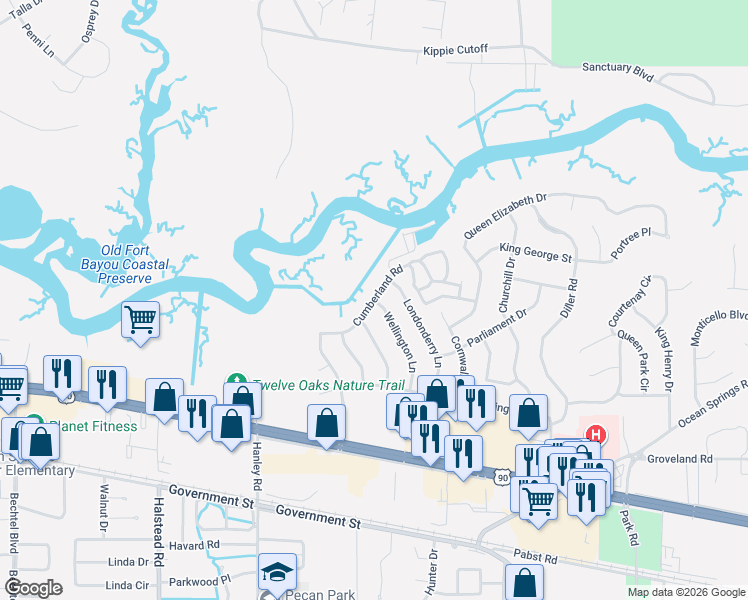map of restaurants, bars, coffee shops, grocery stores, and more near 3223 Cumberland Road in Ocean Springs