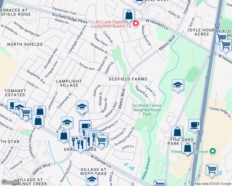 map of restaurants, bars, coffee shops, grocery stores, and more near 13025 Withers Way in Austin