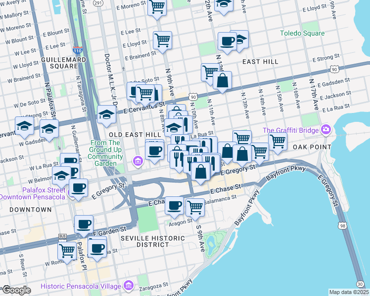 map of restaurants, bars, coffee shops, grocery stores, and more near 917 East La Rua Street in Pensacola