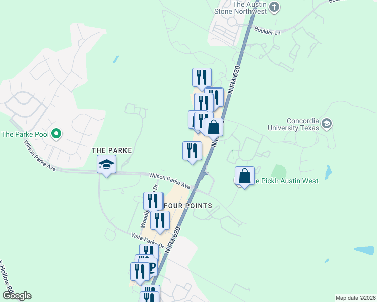 map of restaurants, bars, coffee shops, grocery stores, and more near 8300 North FM 620 in Austin