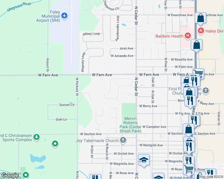 map of restaurants, bars, coffee shops, grocery stores, and more near 1239 Surrey Loop in Foley