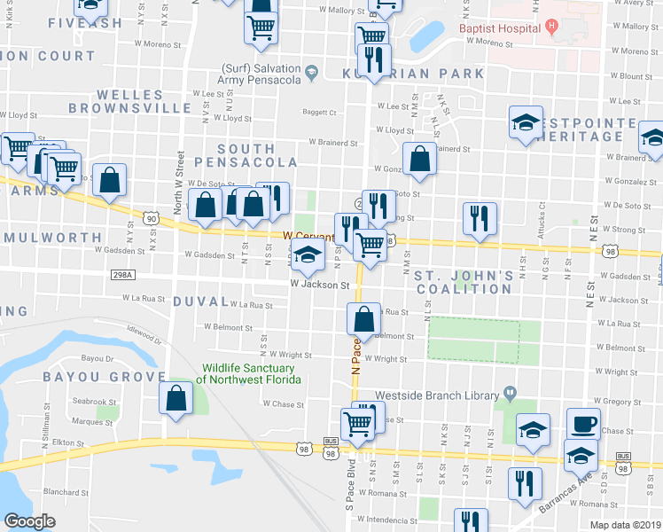 map of restaurants, bars, coffee shops, grocery stores, and more near 621 North P Street in Pensacola