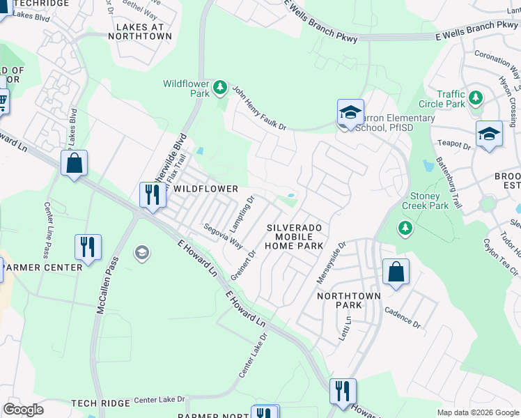 map of restaurants, bars, coffee shops, grocery stores, and more near 14010 Lampting Drive in Pflugerville