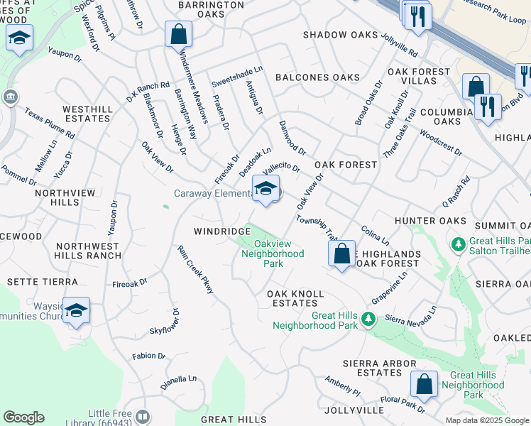 map of restaurants, bars, coffee shops, grocery stores, and more near 11104 Oak View Drive in Austin