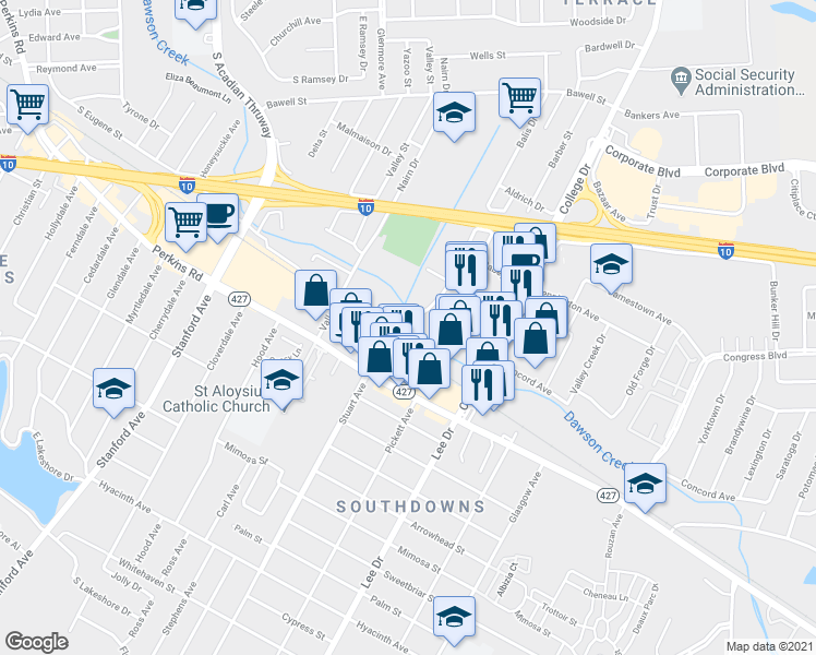 map of restaurants, bars, coffee shops, grocery stores, and more near 3185 Balis Drive in Baton Rouge