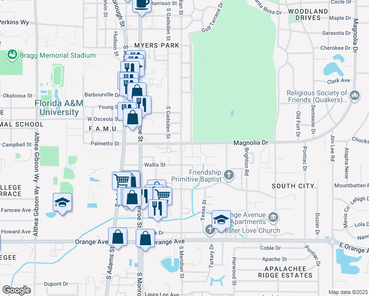 map of restaurants, bars, coffee shops, grocery stores, and more near 2207 South Meridian Street in Tallahassee
