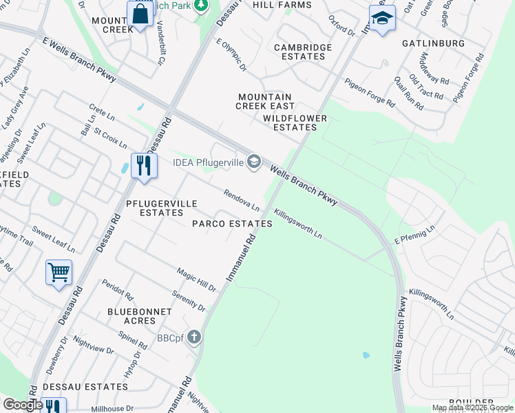 map of restaurants, bars, coffee shops, grocery stores, and more near 1904 Rendova Lane in Pflugerville