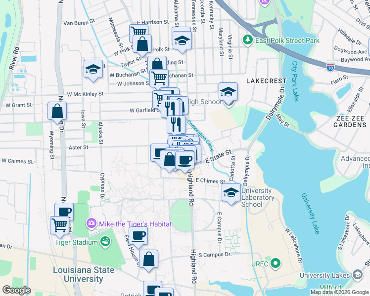 map of restaurants, bars, coffee shops, grocery stores, and more near 3235 Highland Road in Baton Rouge