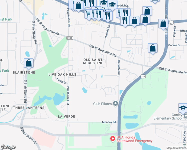 map of restaurants, bars, coffee shops, grocery stores, and more near 1575 Paul Russell Road in Tallahassee