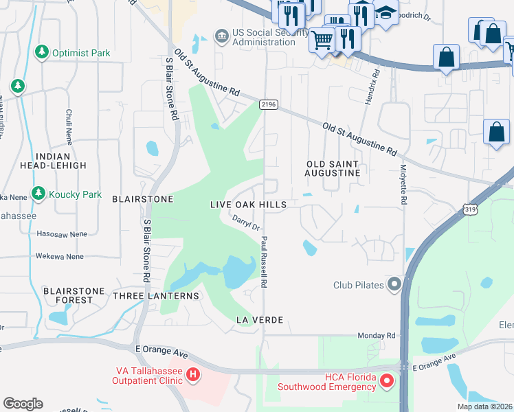 map of restaurants, bars, coffee shops, grocery stores, and more near 1560 Jacks Drive in Tallahassee