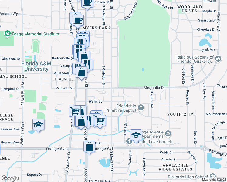 map of restaurants, bars, coffee shops, grocery stores, and more near 412 East Magnolia Drive in Tallahassee