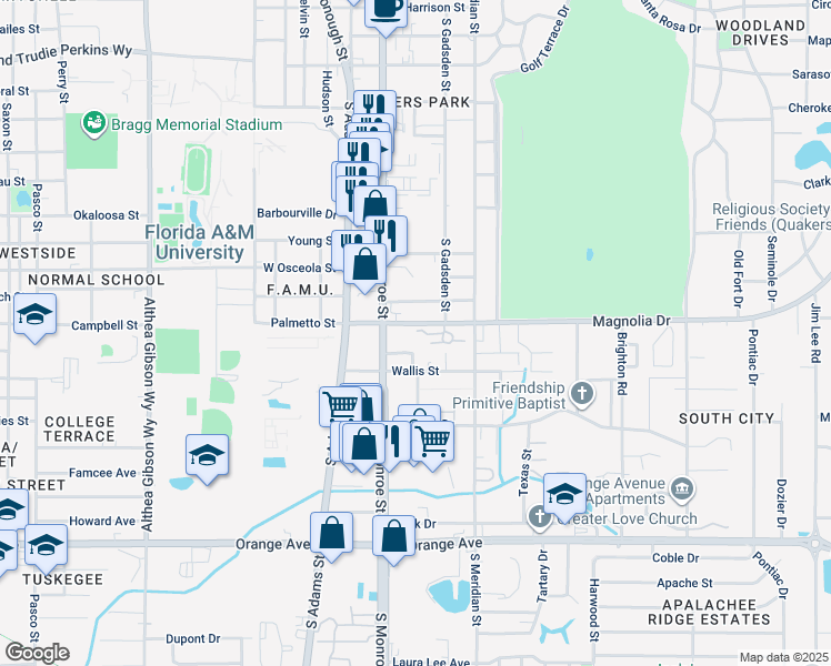 map of restaurants, bars, coffee shops, grocery stores, and more near 2031 South Monroe Street in Tallahassee