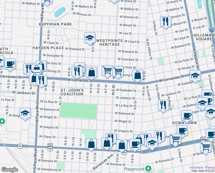 map of restaurants, bars, coffee shops, grocery stores, and more near 714 North F Street in Pensacola