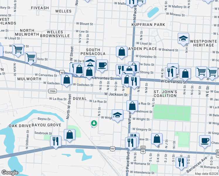map of restaurants, bars, coffee shops, grocery stores, and more near 2325 West Cervantes Street in Pensacola