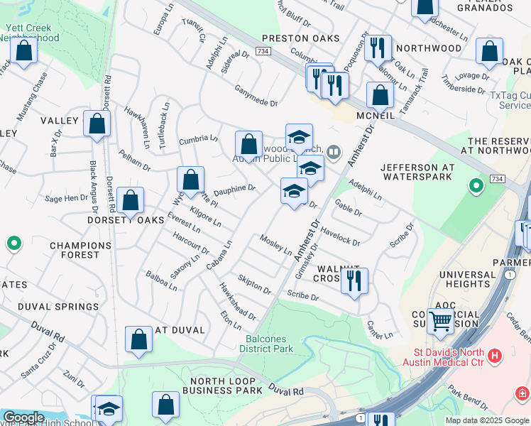 map of restaurants, bars, coffee shops, grocery stores, and more near 12305 Cabana Lane in Austin