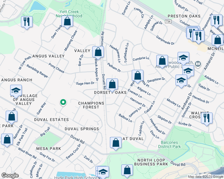 map of restaurants, bars, coffee shops, grocery stores, and more near 4512 Everest Lane in Austin
