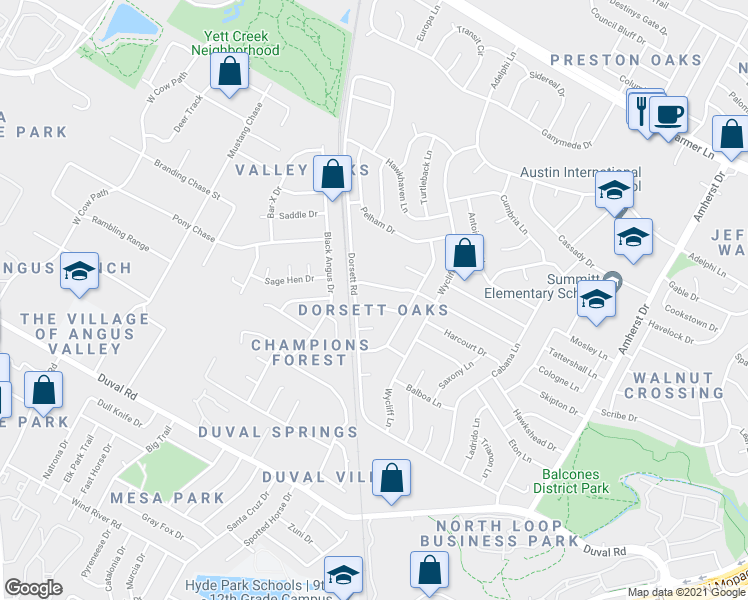 map of restaurants, bars, coffee shops, grocery stores, and more near 4512 Everest Lane in Austin