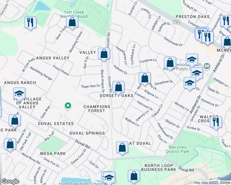 map of restaurants, bars, coffee shops, grocery stores, and more near 4615 Everest Lane in Austin