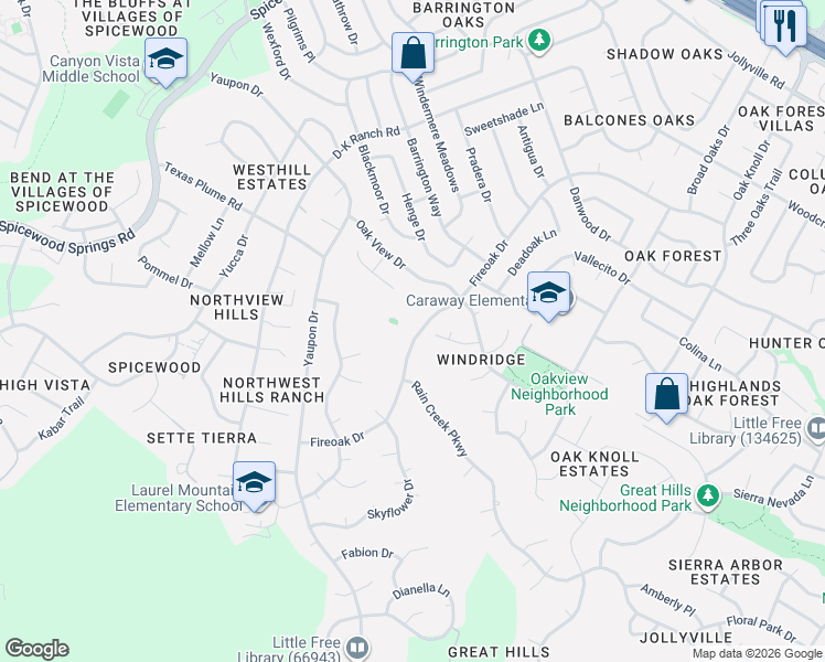 map of restaurants, bars, coffee shops, grocery stores, and more near 7442 Fireoak Drive in Austin