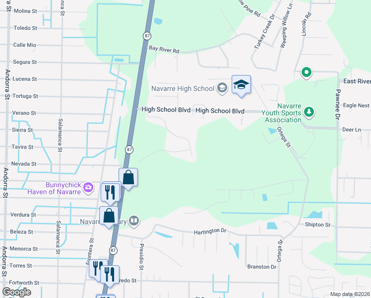 map of restaurants, bars, coffee shops, grocery stores, and more near 2309 Duncan Ridge Drive in Navarre