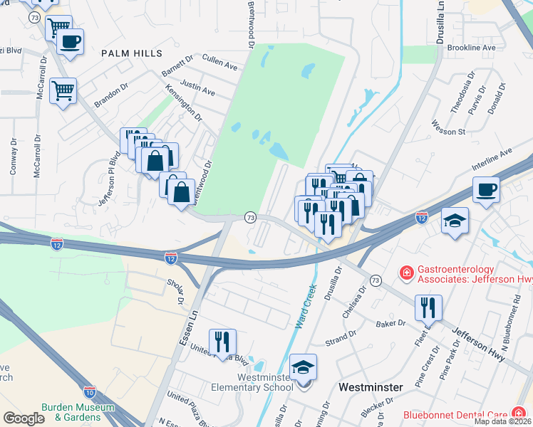 map of restaurants, bars, coffee shops, grocery stores, and more near 3501 Stone's Throw Drive in Baton Rouge