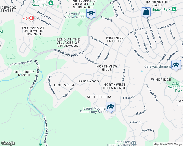 map of restaurants, bars, coffee shops, grocery stores, and more near 10506 Yucca Drive in Austin