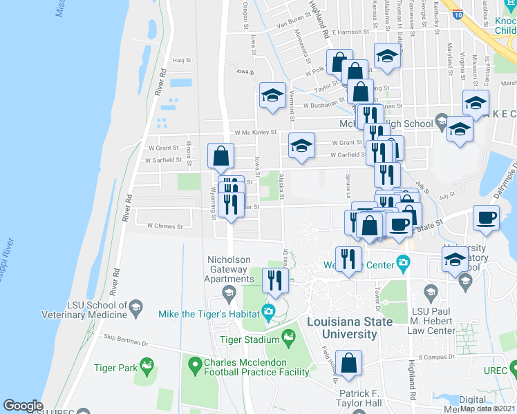 map of restaurants, bars, coffee shops, grocery stores, and more near Aster Street in Baton Rouge