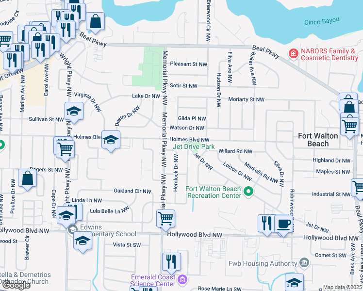 map of restaurants, bars, coffee shops, grocery stores, and more near 238 Jet Drive Northwest in Fort Walton Beach