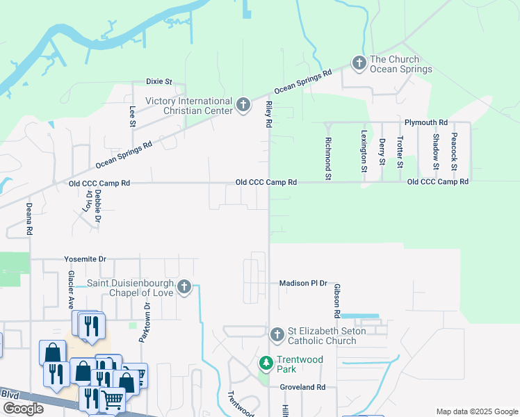 map of restaurants, bars, coffee shops, grocery stores, and more near 5422-5498 Riley Road in Ocean Springs