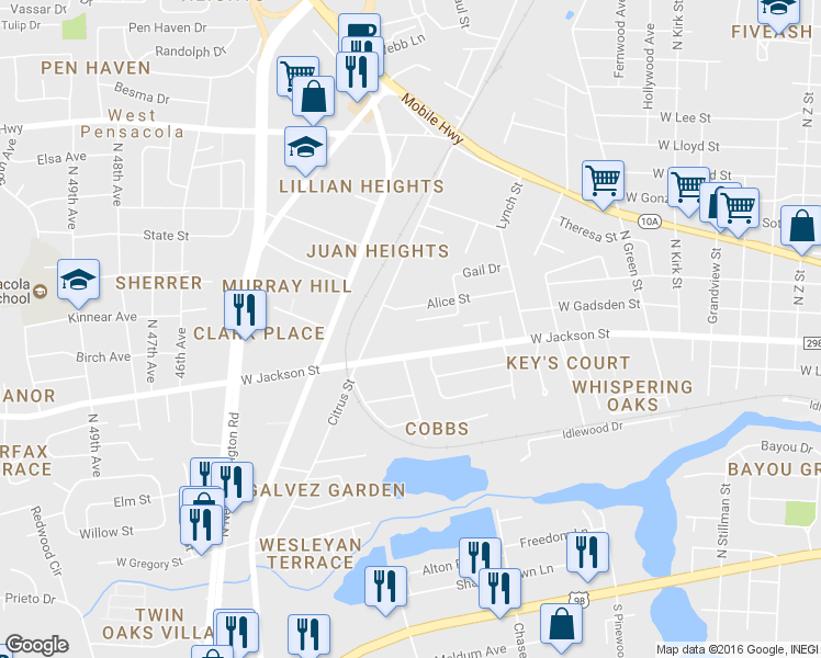 map of restaurants, bars, coffee shops, grocery stores, and more near 4141 West Gadsden Street in Pensacola