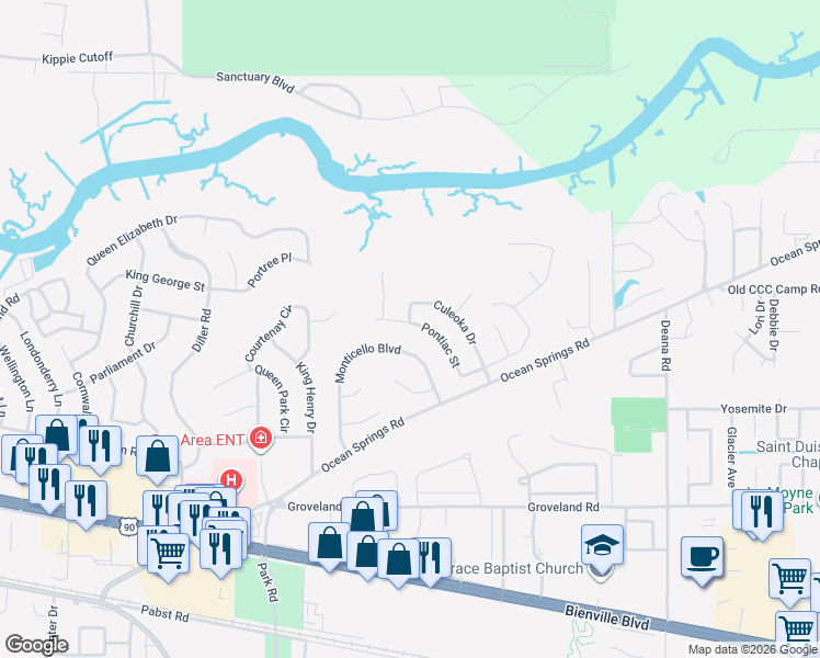 map of restaurants, bars, coffee shops, grocery stores, and more near 5400 Sioux Drive in Ocean Springs