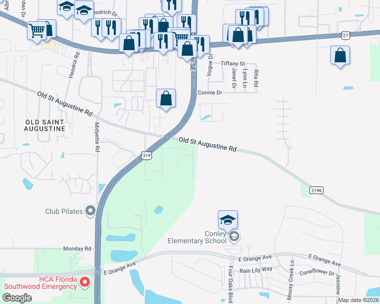 map of restaurants, bars, coffee shops, grocery stores, and more near 3018 Hill Court in Tallahassee