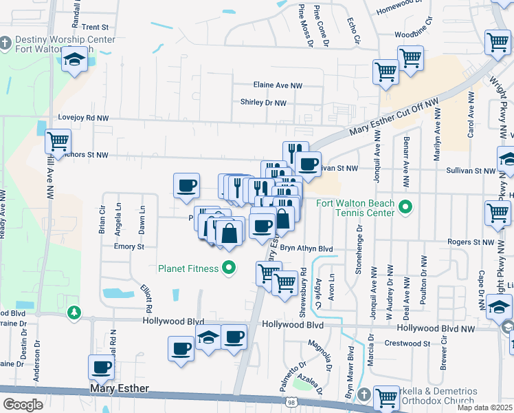 map of restaurants, bars, coffee shops, grocery stores, and more near 25 Forsman Circle Northwest in Fort Walton Beach