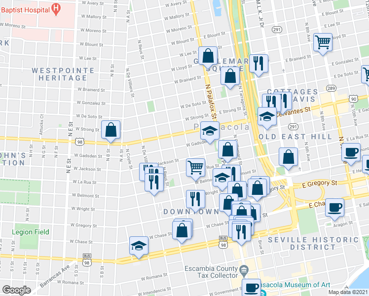 map of restaurants, bars, coffee shops, grocery stores, and more near 202 West Gadsden Street in Pensacola