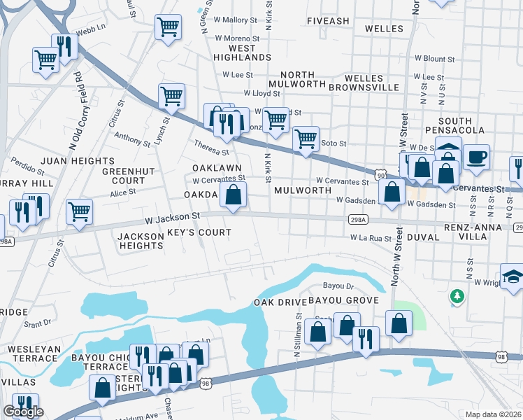 map of restaurants, bars, coffee shops, grocery stores, and more near 3626 West Jackson Street in Pensacola