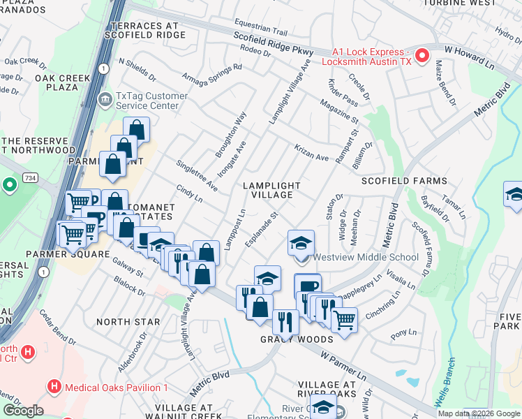 map of restaurants, bars, coffee shops, grocery stores, and more near 2007 Scofield Lane in Austin