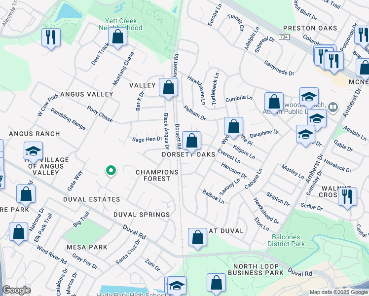 map of restaurants, bars, coffee shops, grocery stores, and more near 4615 Everest Lane in Austin
