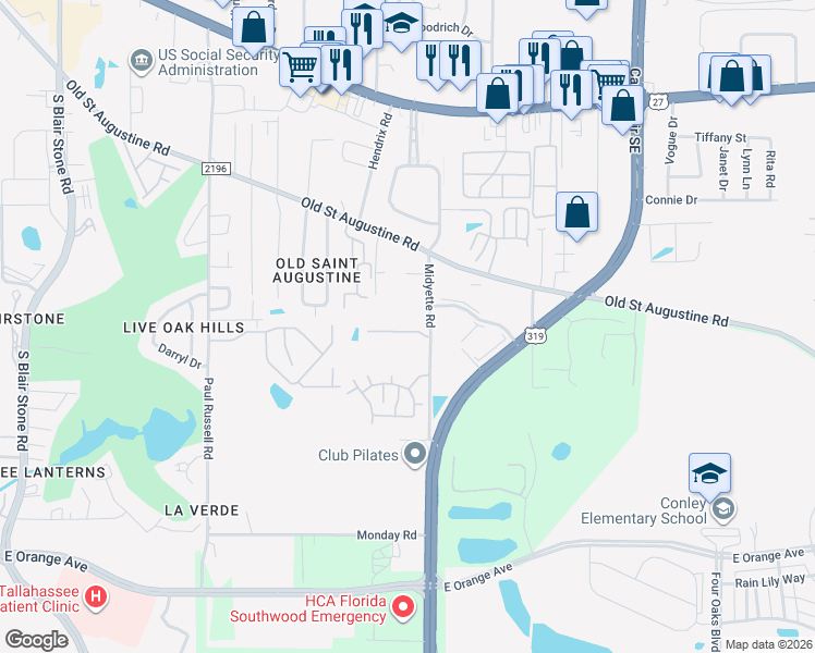 map of restaurants, bars, coffee shops, grocery stores, and more near 2014 Midyette Road in Tallahassee