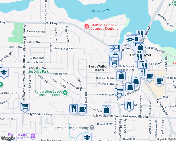 map of restaurants, bars, coffee shops, grocery stores, and more near 42 Tula Place Northwest in Fort Walton Beach